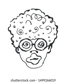 Afro American man in glasses. Black and white hand-drawn isolated illustration.