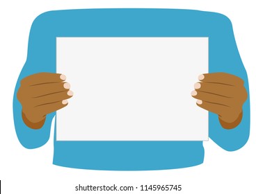Afro american man holding blank piece of paper.