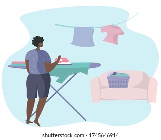 Afro American Man Ironing Clothes on Board.Male Character Home Work.Washing Clothes in Machine and Iron on Board.Clothes Dry on a Clothesline,Domestic Working.Flat Vector Illustration
