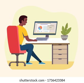 Afro American man looks at computer in the office. Vector flat style illustration