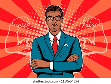 Afro american Man with muscles currency dollar pop art retro style. Strong Businessman in glasses in comic style. Success concept vector illustration.