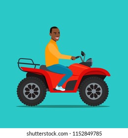 Afro american man on the ATV motorcycle isolated. Vector flat style illustration.