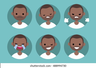 Afro american man profile pics / Set of flat vector portraits: upset, offended, angry, laughing, winking, smiling