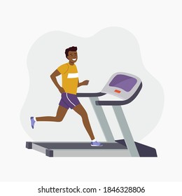 Afro american man running on treadmill isolated. Vector flat cartoon style  illustration.