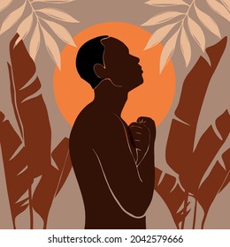 Afro American man stands in the jungle. The arms are folded over the chest. african black man profile portrait. Night or morning landscape with sun or moon background with banana leaves and palm tree