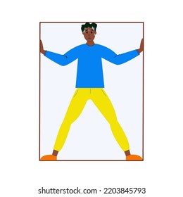 Afro American Man suffering from claustrophobia, human fear concept vector Illustration on a white background.