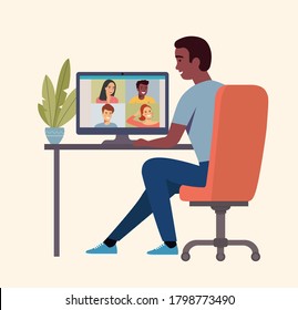 Afro american man is talking to his friends  by videochat. Vector flat style Illustration