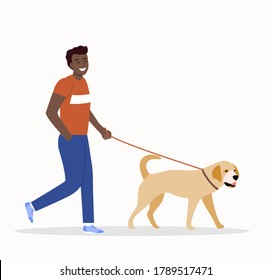 Afro American man is walking with a dog. Vector flat style illustration