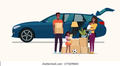 Afro american man, woman  and girl hold boxes. Moving house. Car with open door.  Vector flat style illustration.