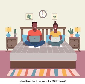 Afro American man and woman sitting on the couch with laptops. Interior space bedroom. Vector flat illustration