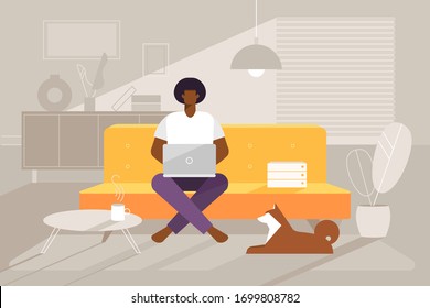 Afro American man working on a laptop at home. Remote, comfortable workplace. Vector cartoon character - freelancer. Illustration in flat design.