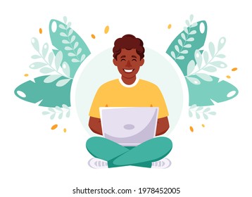 Afro american man working on laptop. Freelance, remote work concept. Vector illustration