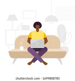 Afro American man working online at home. Workplace at flat. Vector cartoon character - freelancer. Illustration in flat design. Social distancing and self-isolation during coronavirus quarantine