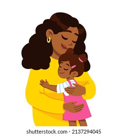 afro american mother and child. Mom hugging her daughter with a lot of love and tenderness. Mother's day, holiday concept. Cartoon flat isolated vector design. Parent and child. 