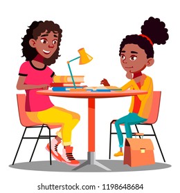 Afro American Mother Helps Child Do School Homework Vector. Isolated Illustration
