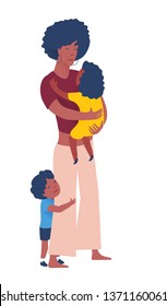 Afro american mother hugging with daughter and son. Flat color illustration.
