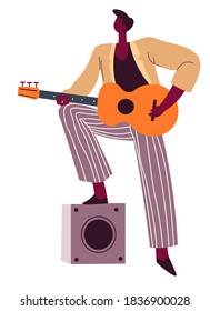 Afro american musician with guitar, isolated male character guitarist with instrument and loudspeaker and amplifier. Personage member of music band. Festival or concert rehearsal. Vector in flat style