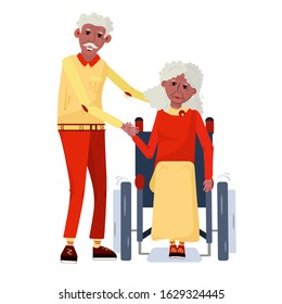 Afro American old couple. Black elderly woman is sitting on the wheelchair, her husband hugs her shoulders. Vector flat illustration of happy grandparents. 