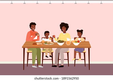 Afro american people having dinner in dining room. Afroamerican family dines with healthy food. Relatives eat natural fresh products vector illustration. Table with fruit, salad and sandwiches