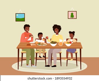 Afro american people having dinner in dining room. Afroamerican family dines with healthy food. Relatives eat natural fresh products vector illustration. Table with fruit, salad and sandwiches