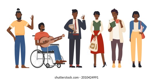 Afro american people set vector illustration. Cartoon woman man characters standing with various poses and gestures, wearing casual clothes, disabled person sitting in wheelchair isolated on white