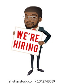 Afro american personnel recruiter businessman hiring paper broadsheet poster in hands worker vacancy character cartoon design isolated vector illustration