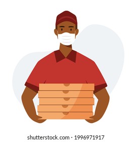 Afro American pizza delivery man in a face mask with pizza boxes in his hands. Covid-19, safety food home delivery. Vector illustration cartoon flat style.