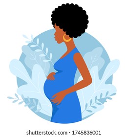 Afro American pregnant woman holds her belly. Decorated beautiful leaves. Decorated beautiful leaves.Vector illustration.