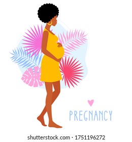 Afro American pregnant woman holds her belly. Decorated beautiful tropical leaves. Vector illustration.