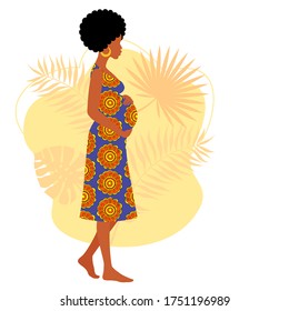 Afro American pregnant woman holds her belly. Decorated beautiful tropical leaves. pregnant woman in a bright dress. Vector illustration.