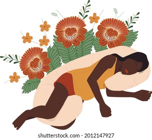 Afro american pregnant woman hugs a pillow. Pillow for pregnancy women concept. Vector illustration of motherhood with flowers on white background.