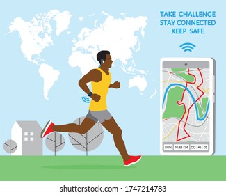 Afro American Running Man Using Internet Technology To Participate Virtual Online Global Racing Challenge. Route Data Tracing, Smartphone, World Map. World Running Day 3 June. Healthy Lifestyle Vector