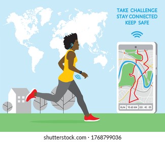 Afro American Running Woman Using Internet Technology To Participate Virtual Online Global Racing Challenge. Route Data Tracing Smartphone World Map. World Running Day 3 June. Healthy Lifestyle Vector