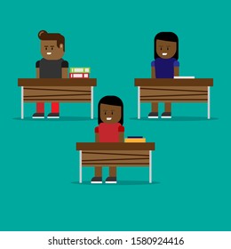 afro american school, three students sit at a desk and study, vector