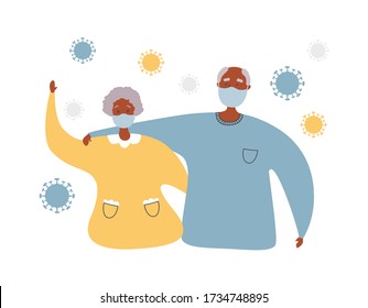 Afro American senior couple and Coronavirus cells. Elderly people and Coronavirus infection. Protect old people from Covid-19. Vector illustration on healthcare and medicine for elder generation.