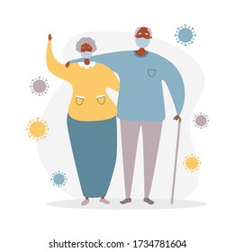 Afro American senior couple and Coronavirus cells. Elderly people and Coronavirus infection. Protect old people from Covid-19. Vector illustration on healthcare and medicine for elder generation.