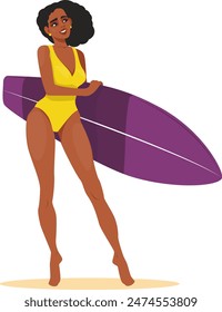 Afro american surfer girl on beach with surfboard. Stock vector illustration