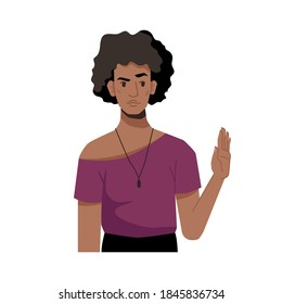 Niña afroamericana infeliz, muestra el signo de detenerse o esperar con la palma de la mano levantada, eso es suficiente. Mujer vector con pelo rizado negro, símbolo de prohibición, lenguaje corporal sin gesto, personaje de caricatura