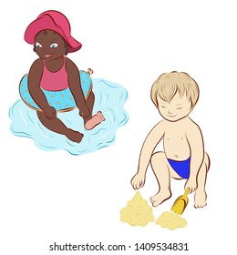 afro american and white child on the beach, different race of children, vector illustration
