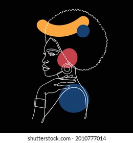 Afro american woman with abstract forms on white.