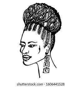 Afro American woman. Braided Bun Hairstyle. Hair is  braided and the braids are styled into a high bun. Hand draw vector illustration