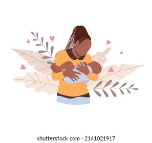 Afro American Woman Breastfeeding And Holding Her Newborn Baby. Vector Illustration