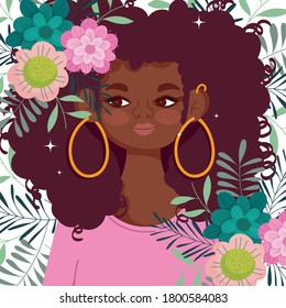 afro american woman cartoon flowers foliage decoration design vector illustration