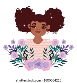 afro american woman cartoon flowers foliage portrait vector illustration