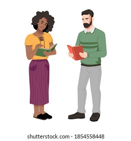 Afro american woman and caucasian man standing with open books, reading together. Vector black girl and guy chatting with textbooks. Bearded guy reads literature, people discussing novel or poetry