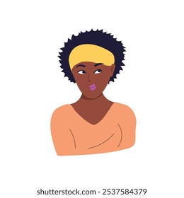 Afro american woman character look upwards. Lady flirting and smiling. Flat vector illustration