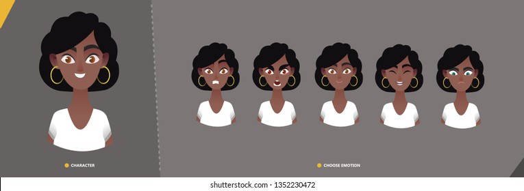 Afro american woman character set of emotions. Young cartoon  character man for animation and motion design.  Set emotion faces in cartoon style