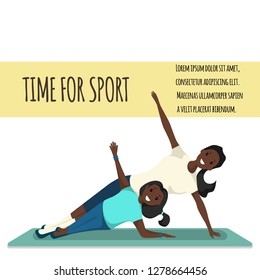 Afro American Woman and Child Doing Fitness Training. Banner Image Time for Sport. Mother and Daughter Engaged in Yoga morning. Smiling Girl are Standing in Yoga Pose. Isolated on White Background