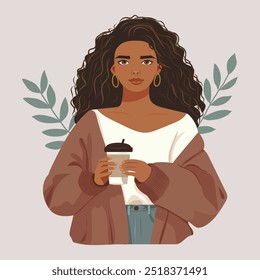 Afro american woman with coffee, young fashionable. Black girl in modern clothes with drink. Flat vector illustration