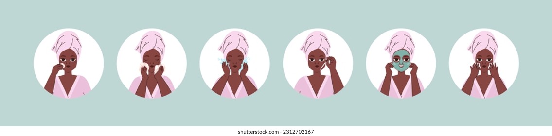 Afro american woman doing morning or evening beauty ritual. Face skin care with cosmetics, cleaning and moisturizing. Girl self care vector concept